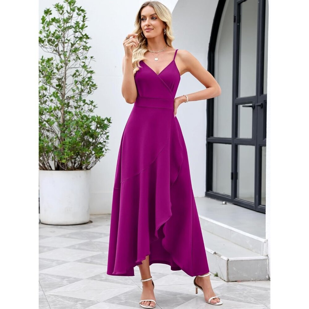 Women's Fuchsia Split V Neck Wrap Evening Party Cocktail Wedding Long Dress - Picture 7 of 7